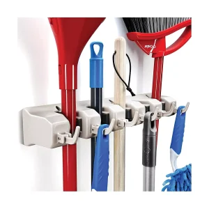 1 1-2 Pack Broom and Mop Holder Rack - Garage Storage System - Garden Tool Organizer with 5 Slots, 6 Hooks, 7.5lbs Capacity Per Slot Off