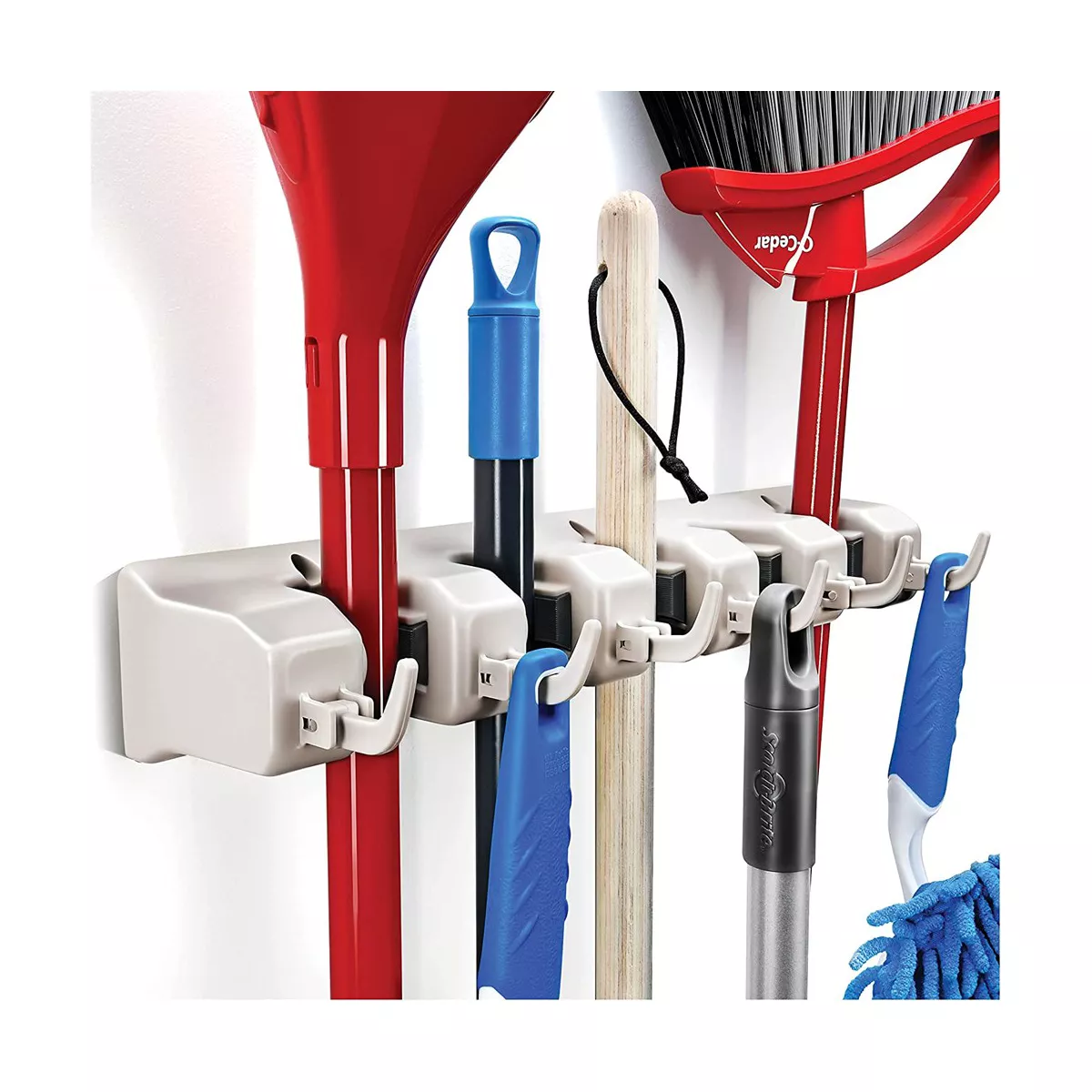 1-2 Pack Broom and Mop Holder Rack - Garage Storage System - Garden Tool Organizer with 5 Slots, 6 Hooks, 7.5lbs Capacity Per Slot Off