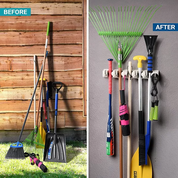 1-2 Pack Broom and Mop Holder Rack - Garage Storage System - Garden Tool Organizer with 5 Slots, 6 Hooks, 7.5lbs Capacity Per Slot Off - 图片 4